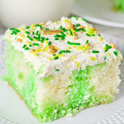 Close up shot of lime jello poke cake
