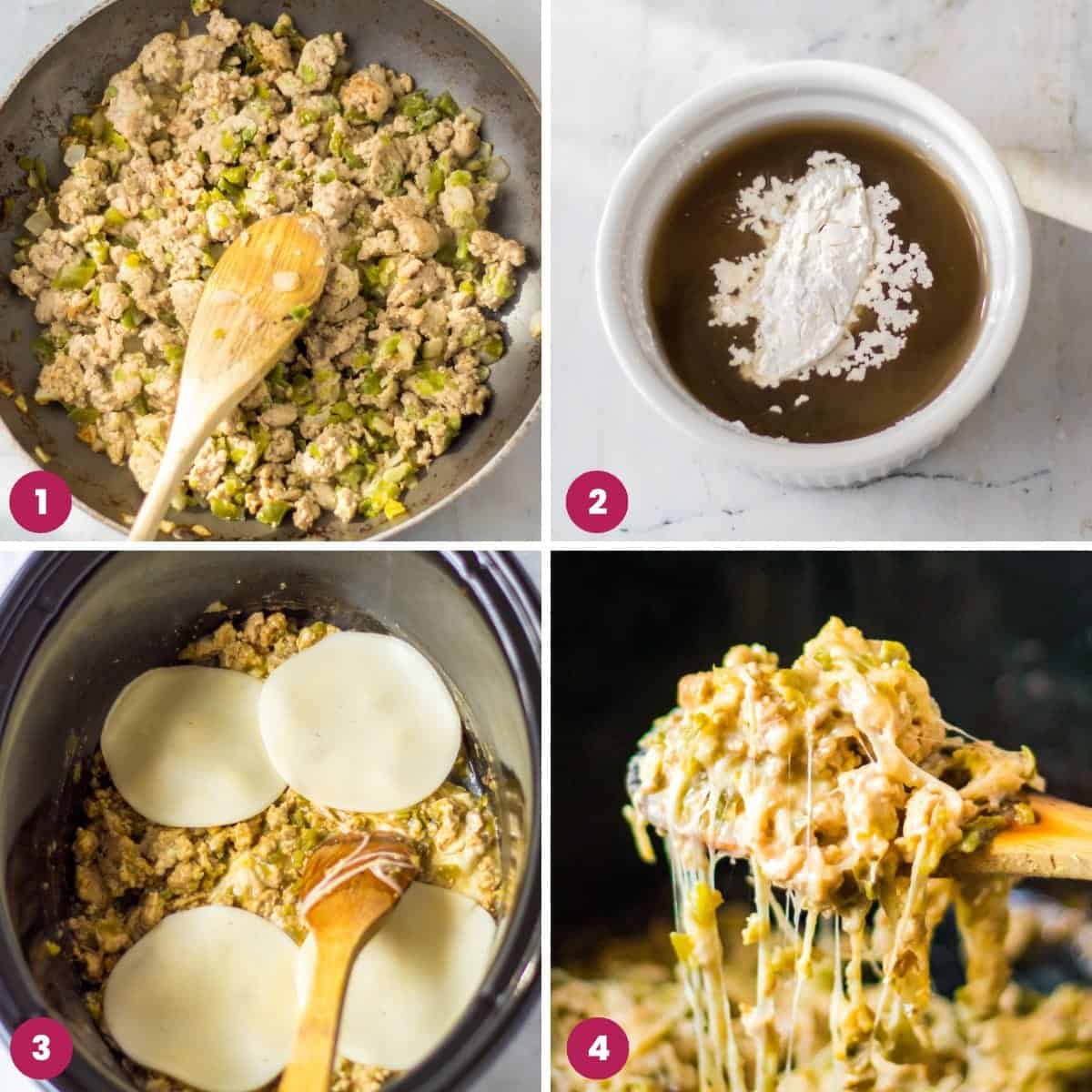 Collage of four images showing how to make chicken cheesesteak in the crockpot.