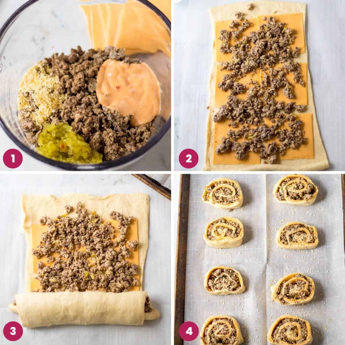 Collage of four images showing how to make big mac pinwheels