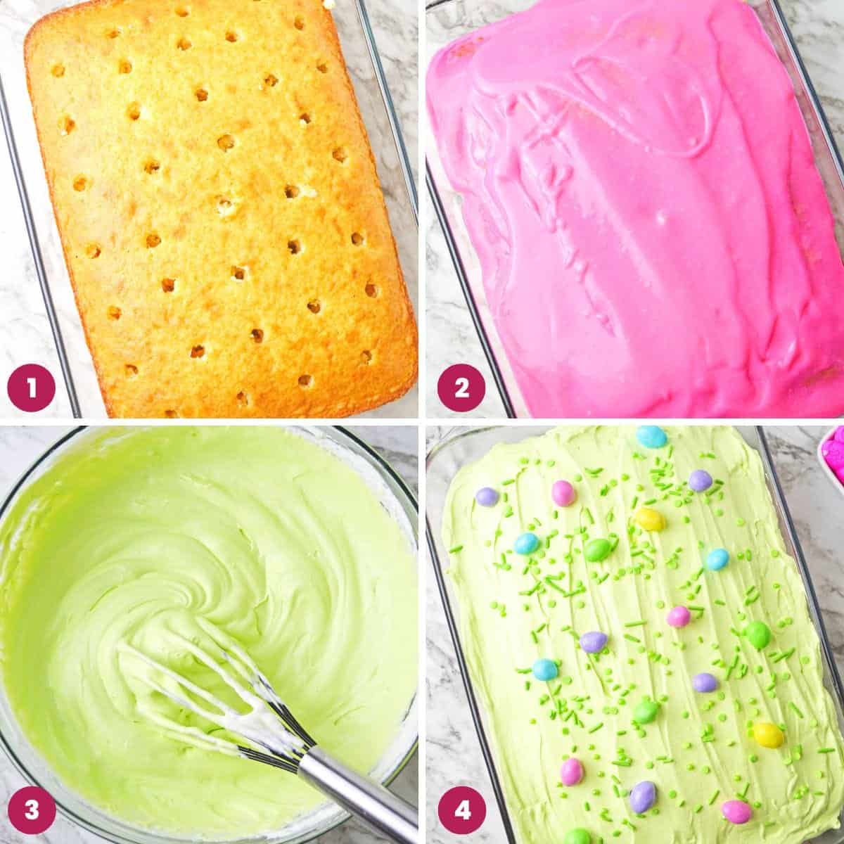 Collage of four images showing how to make an easter poke cake