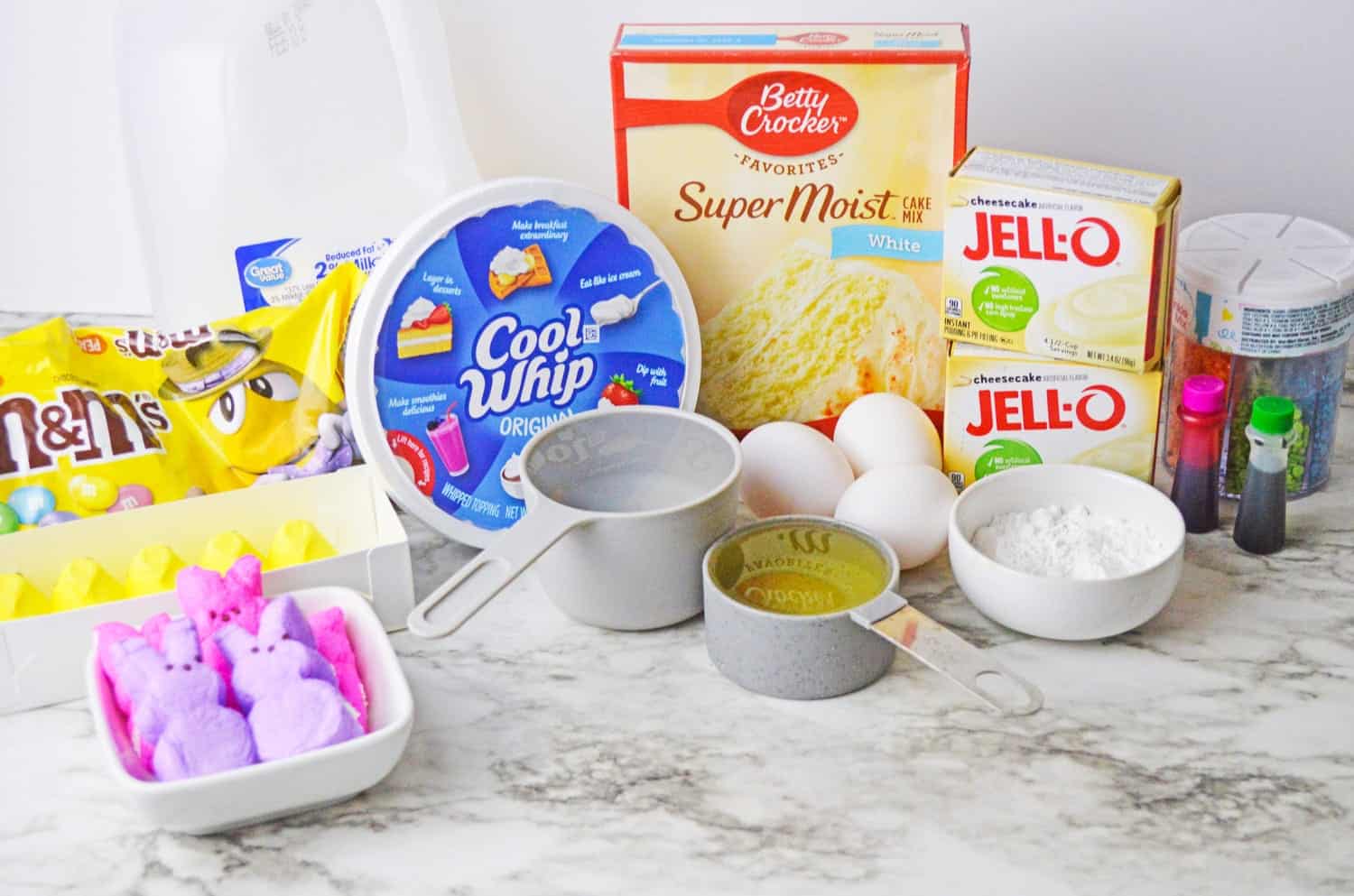 Ingredients needed to make an easter poke cake