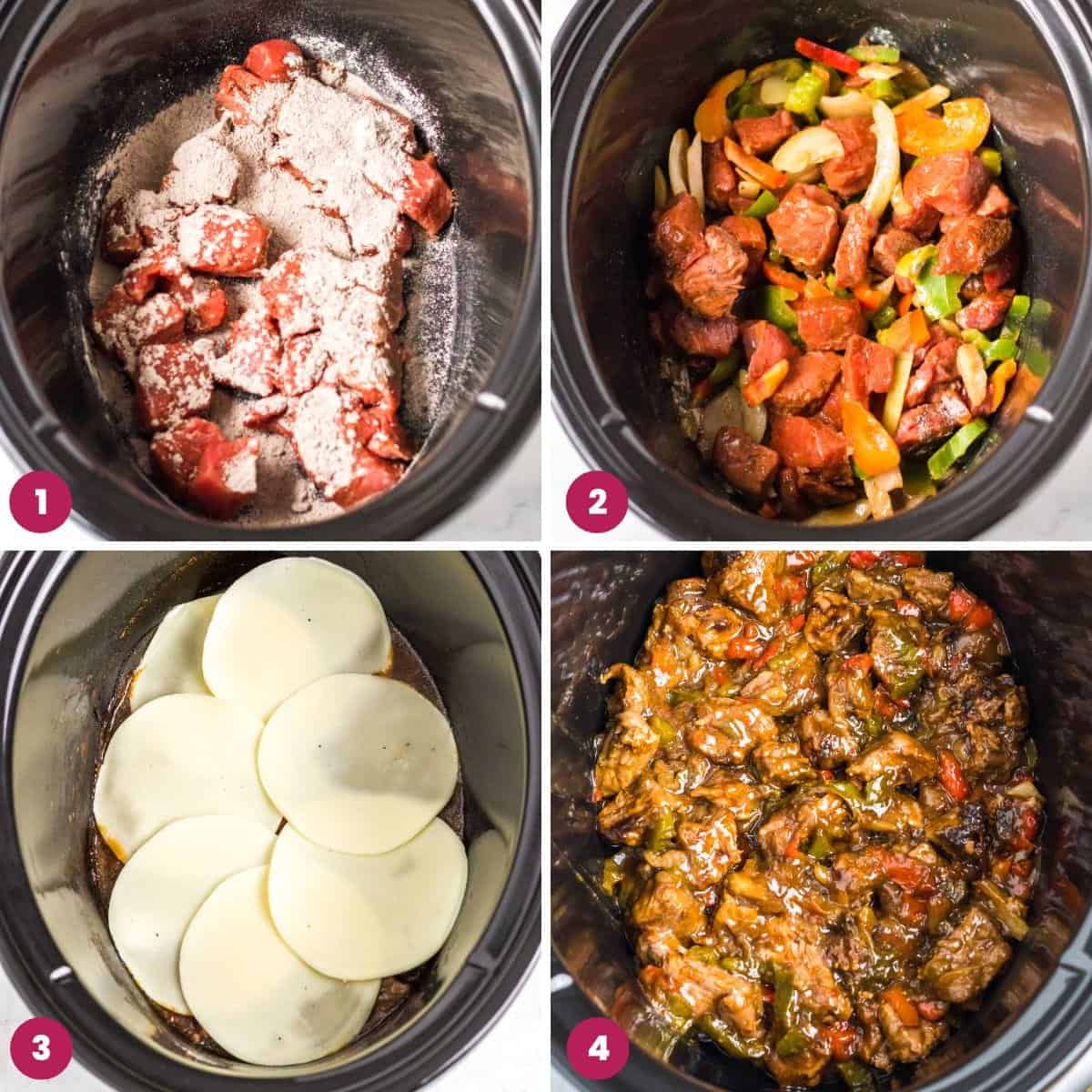 Collage of four images showing how to make philly cheesesteak in the slow cooker