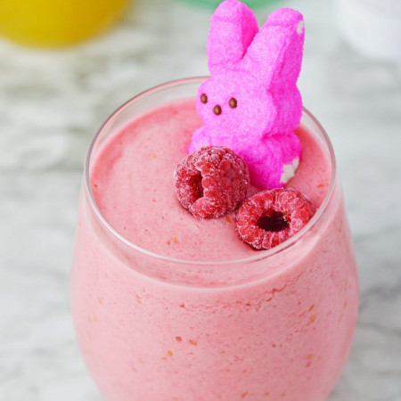 Pink colada with raspberries and a pink Peep marshmallow