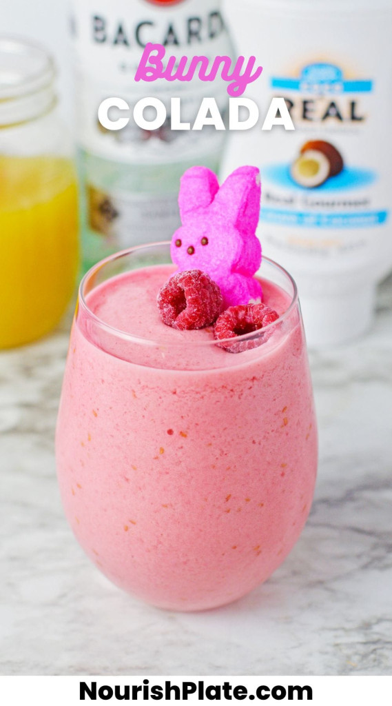 Pink colada with raspberries and a pink Peep marshmallow. And overlay text that says "Bunny Colada"