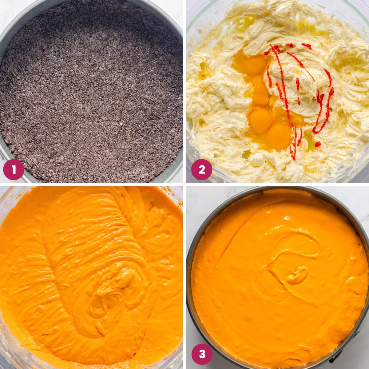 Collage of four images showing how to make orange colored cheesecake batter