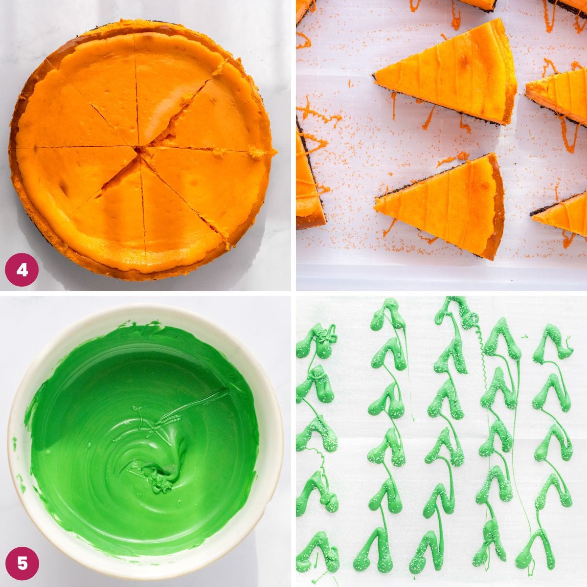 Collage of four images showing how to bake the cheesecake and decorate it with green candy melts