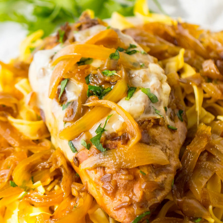 French onion chicken with caramelized onions, served over egg noodles.