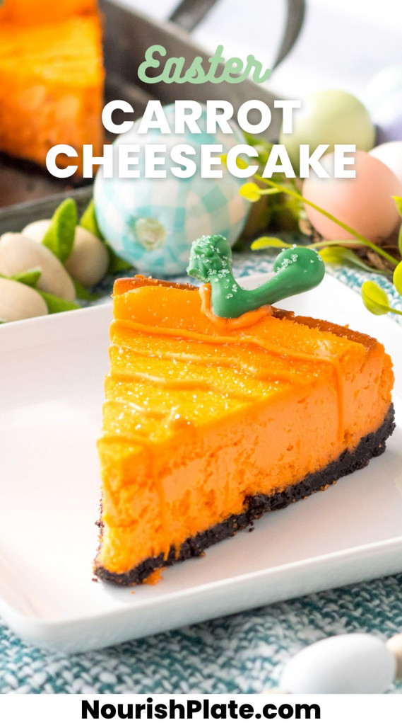 A slice of carrot shaped orange cheesecake on a white plate. And overlay text that says "Easter carrot cheesecake"