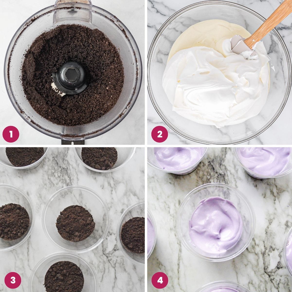 Collage of 4 images showing how to make dirt cups