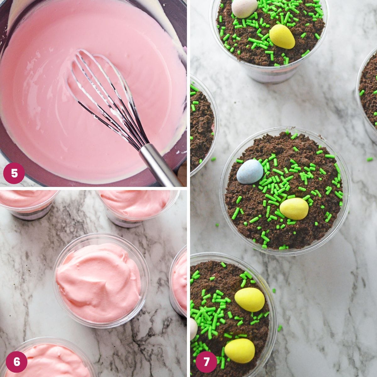 Collage of 3 images showing how to make Easter themed dirt cups