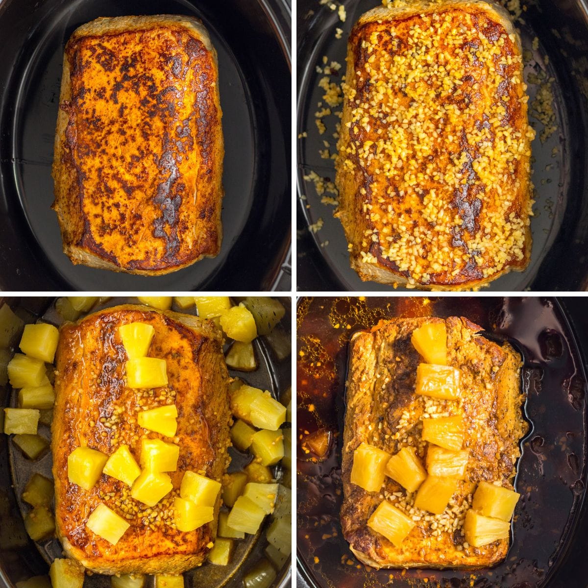 Collage of four images showing how to cook pork loin in the slow cooker with pineapple