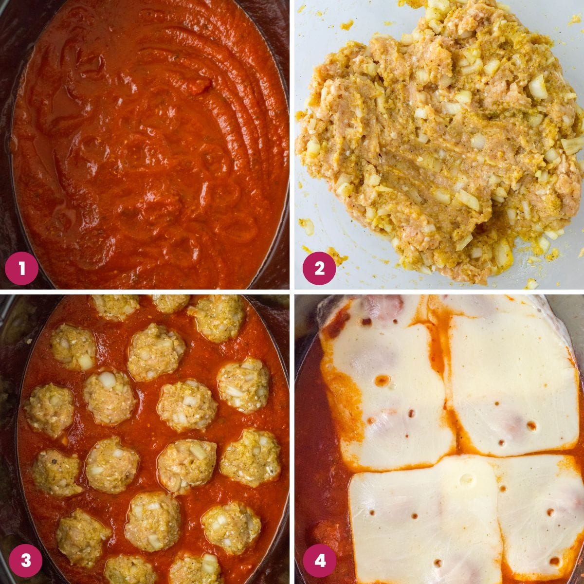 Collage of four images showing how to make chicken parmesan meatballs in a slow cooker