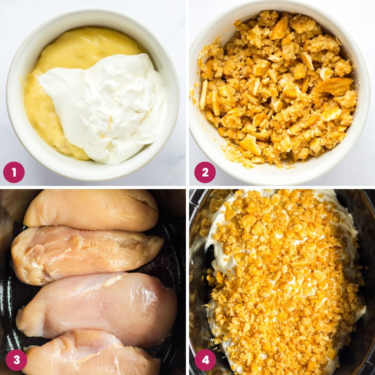 Collage of four images showing how to make Ritz chicken casserole in the slow cooker
