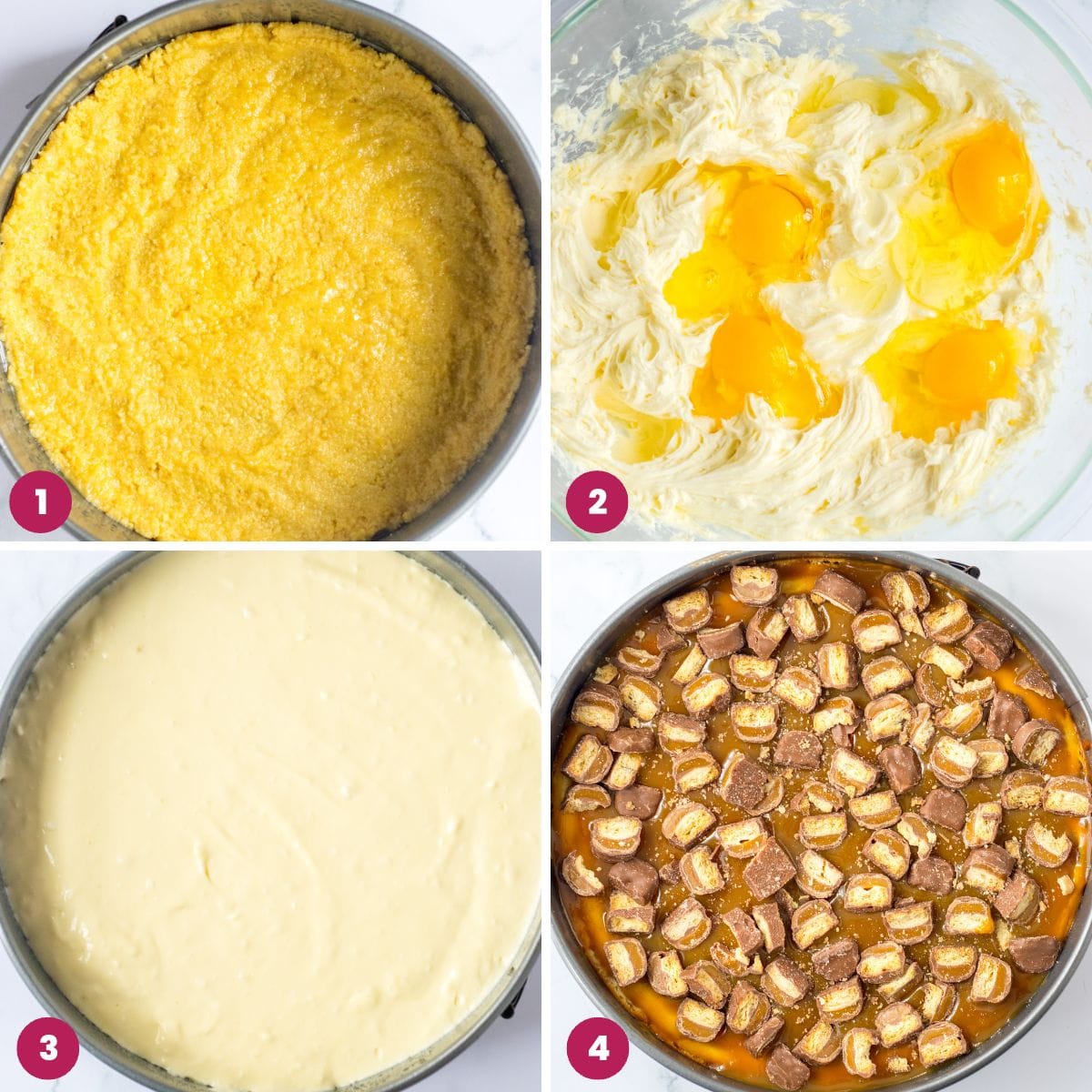 Collage of four images showing how to make a Twix cheesecake