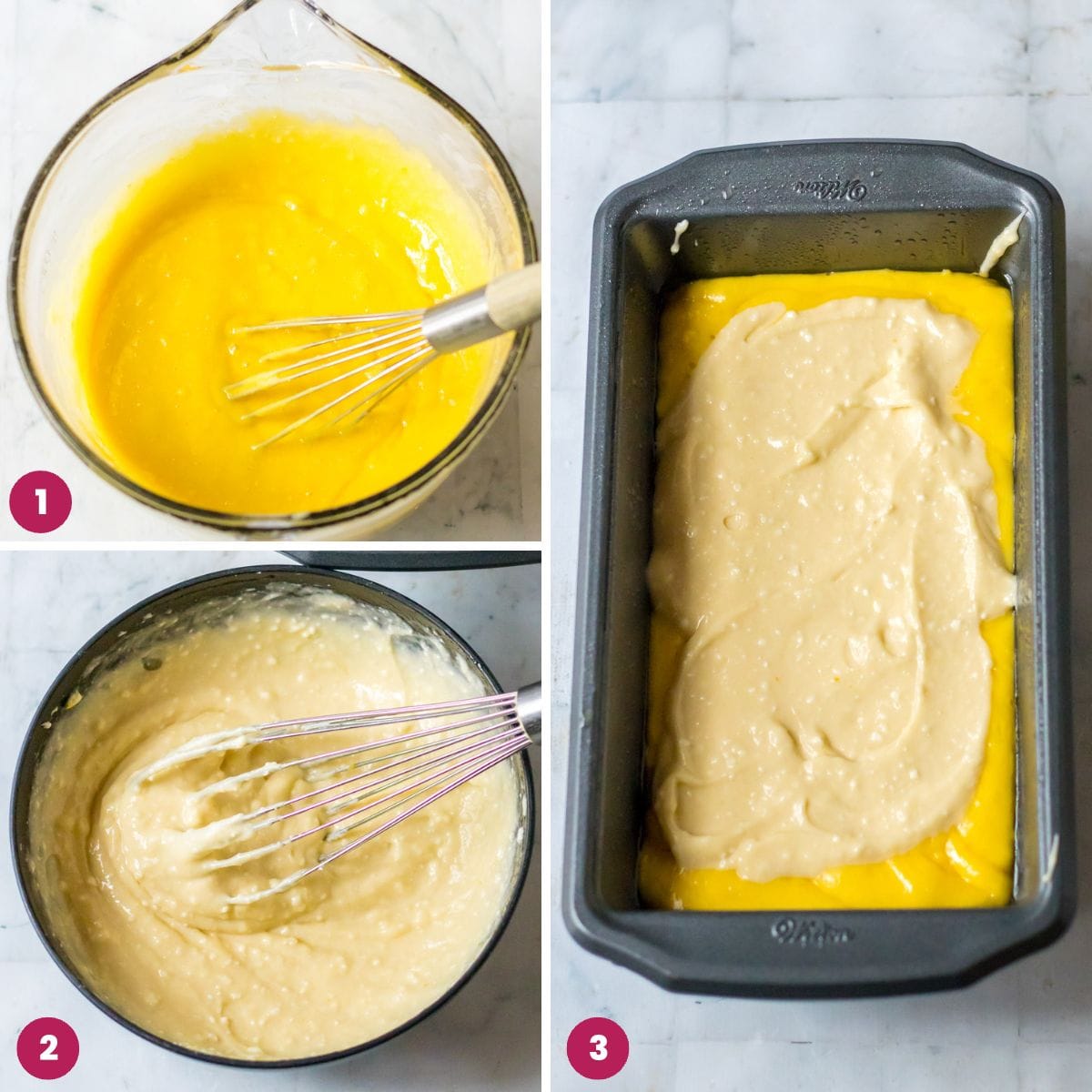 Collage of 3 images showing how to make the lemon cheesecake mixtures and adding them to a loaf pan
