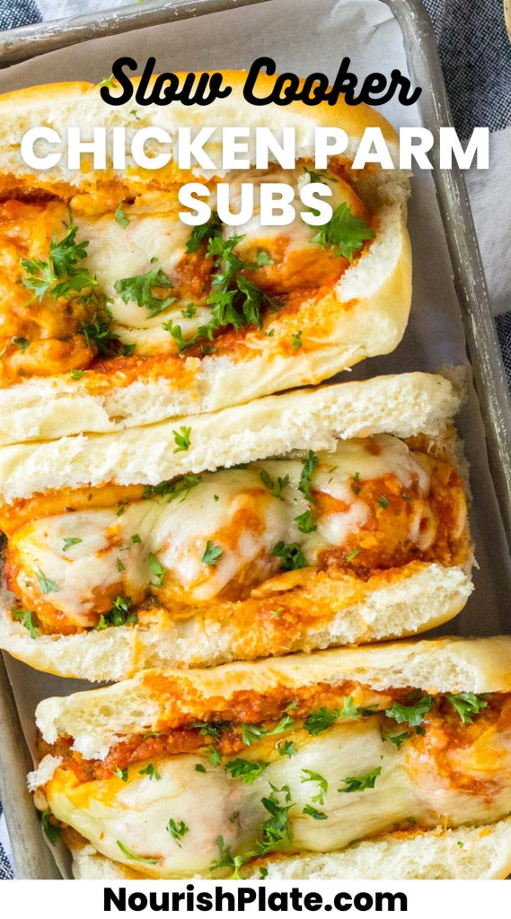 Overhead shot of chicken parm subs in a tray with overlay text that says "slow cooker chicken parm subs"