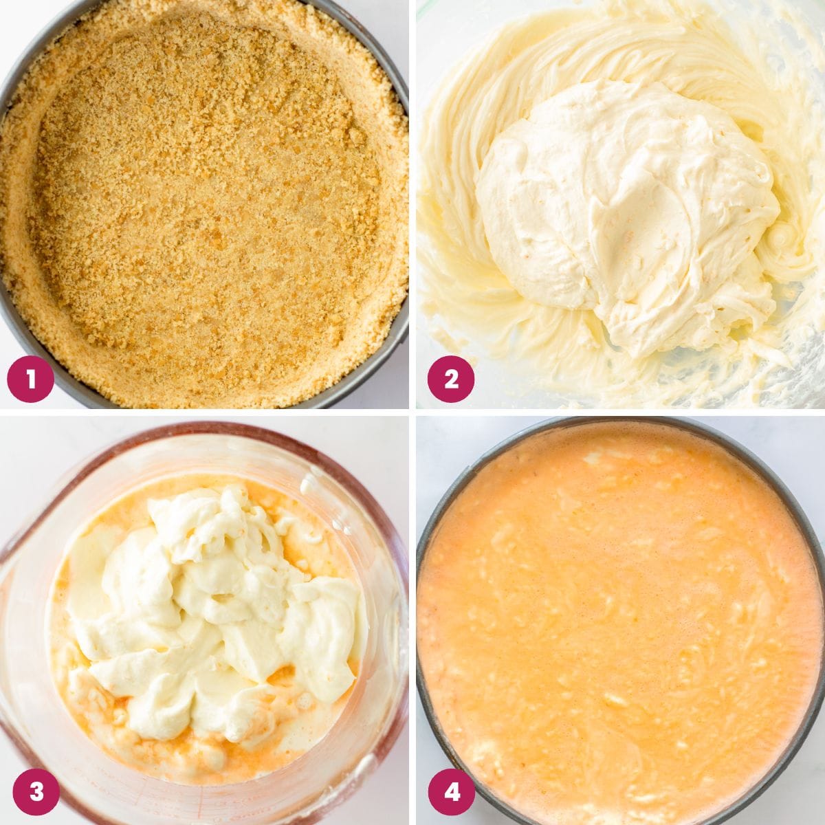 Collage of 4 images showing how to make orange creamsicle cheesecake