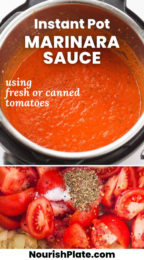 2 images in a collage, an image of marinara sauce in the instant pot, and another image of fresh tomatoes and seasonings. With overlay text that says "instant pot marinara sauce, using fresh or canned tomatoes"