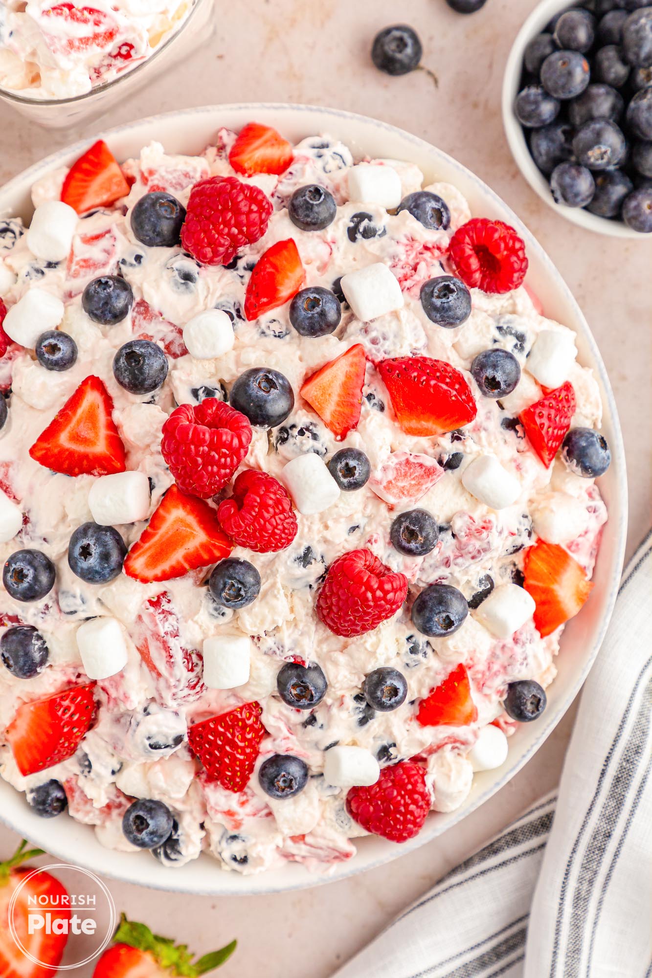 Overhead shot of berry cheesecake fluff salad