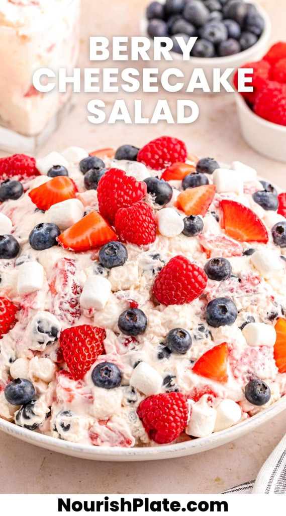 A large white bowl of berry cheesecake salad. And overlay text that says "Berry cheesecake salad"