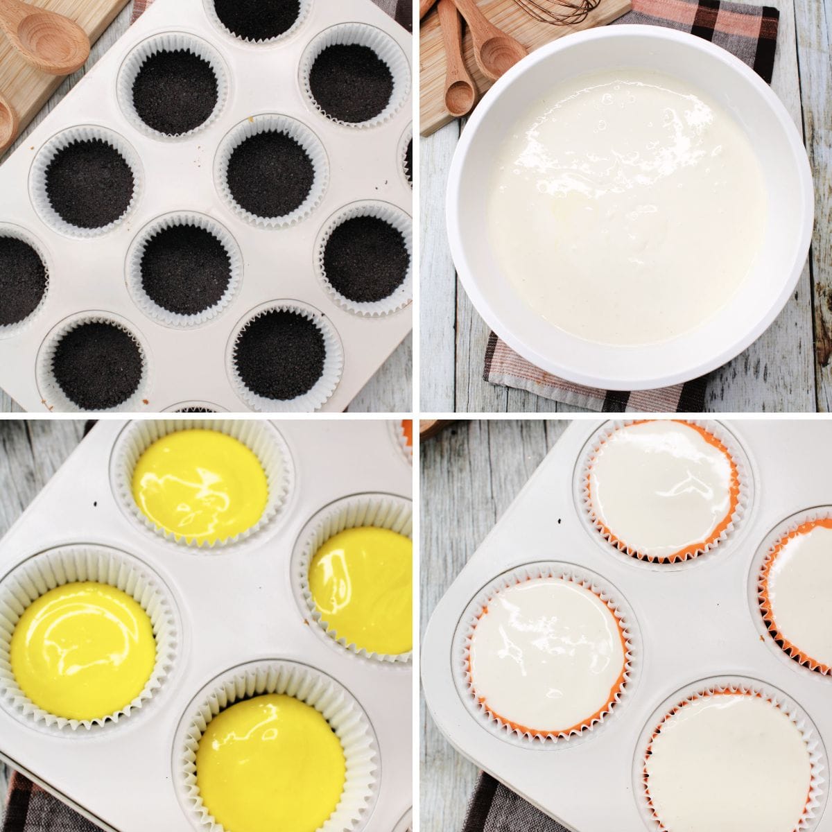 Collage of four images showing how to make mini cheesecakes with oreo crust