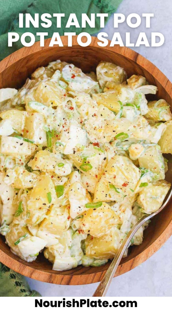 Overhead shot of potato salad in a wooden bowl. And overlay text that says "instant pot potato salad"