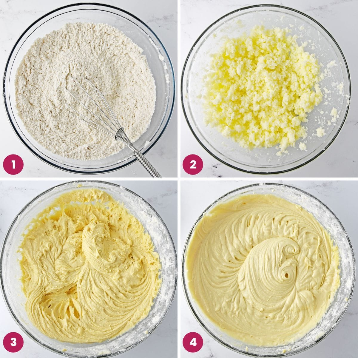 Collage of four images showing how to make sock it to me cake batter
