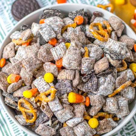 Fall puppy chow served in a large white bowl