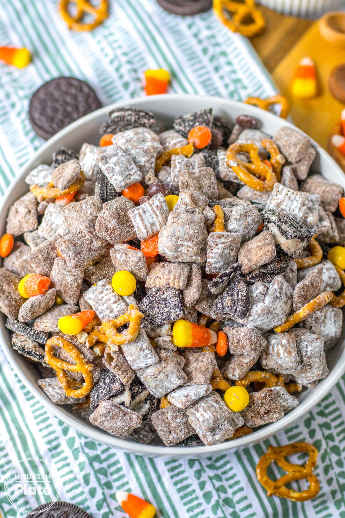 Fall puppy chow served in a large white bowl