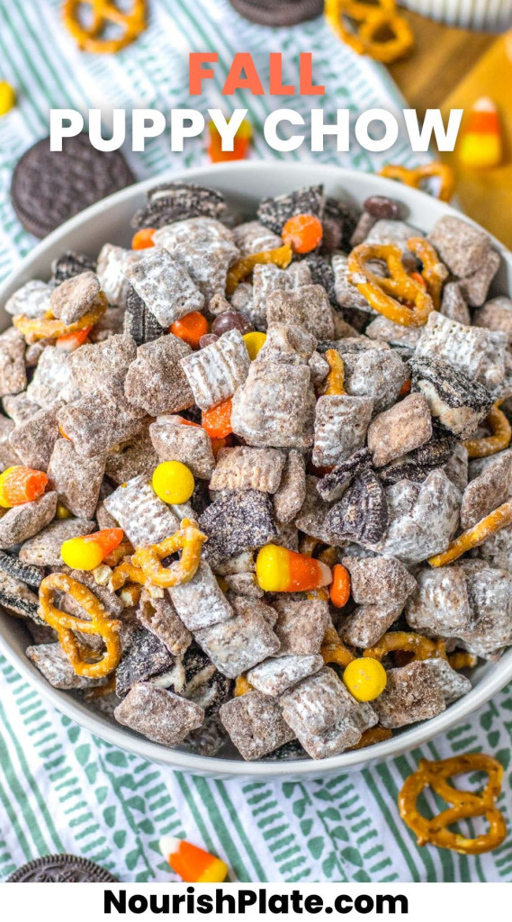 Fall puppy chow served in a large white bowl. And overlay text that says "fall puppy chow"