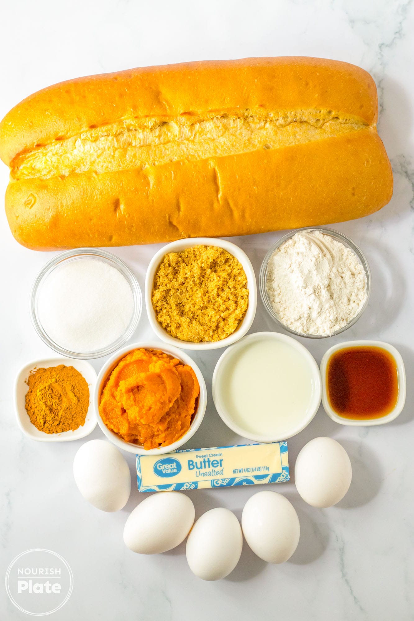 Overhead shot of ingredients needed to make pumpkin french toast casserole