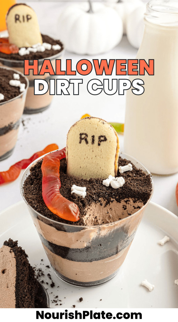 Halloween Dirt Cups decorated with milano cookies and gummy worms, and overlay text that says "halloween dirt cups"