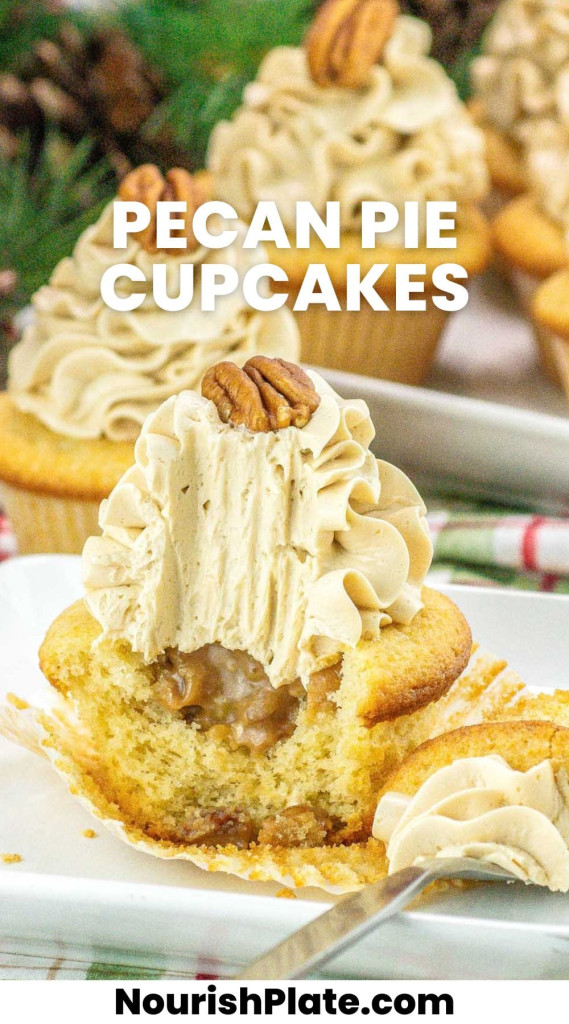 Pecan pie cupcakes on a white plate, showing a bite shot to expose the pecan pie filling and a fork on the side. And overlay text that says "pecan pie cupcakes"