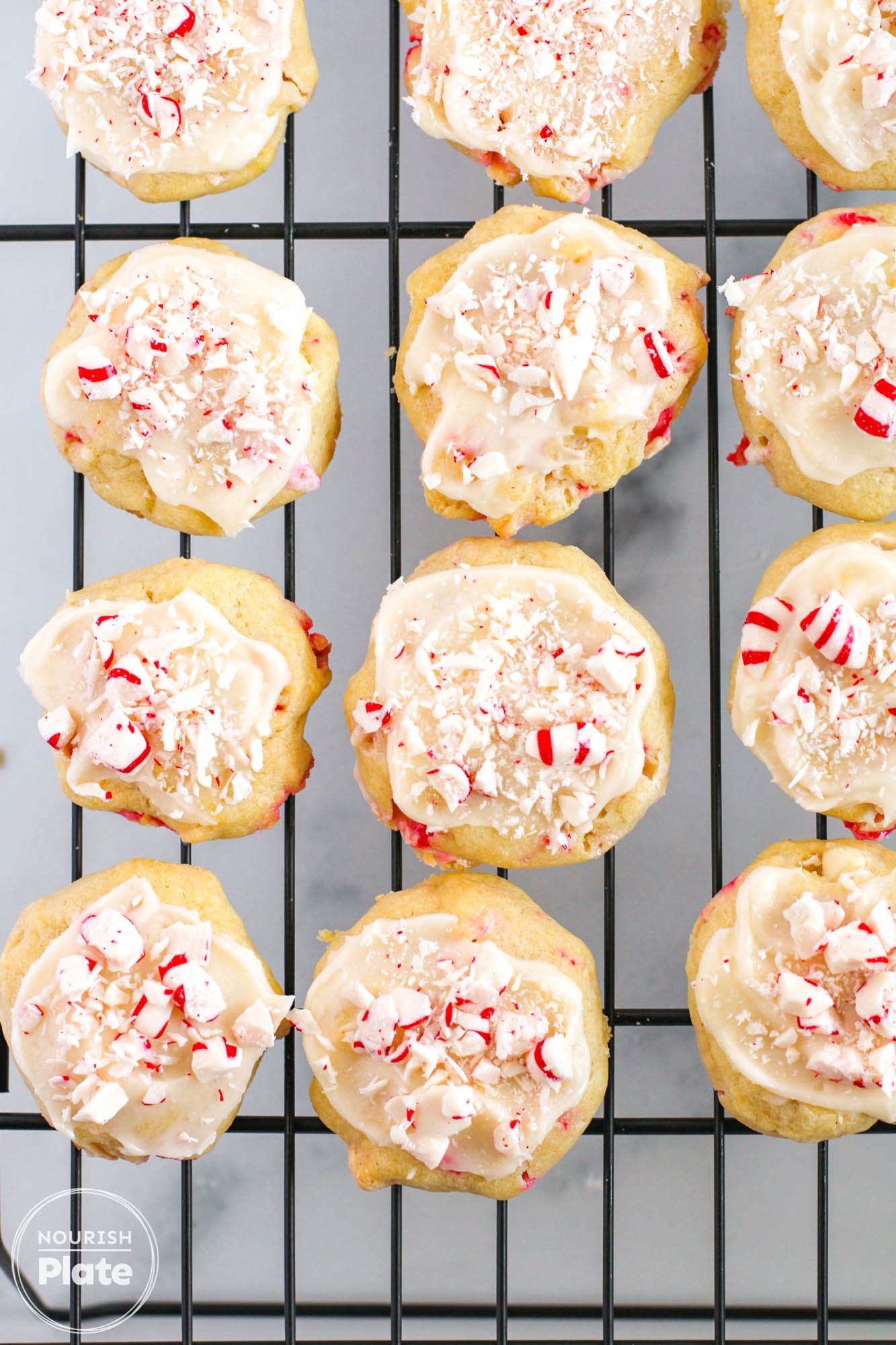Overhead shot of White Chocolate Peppermint Cookies on a wire rack