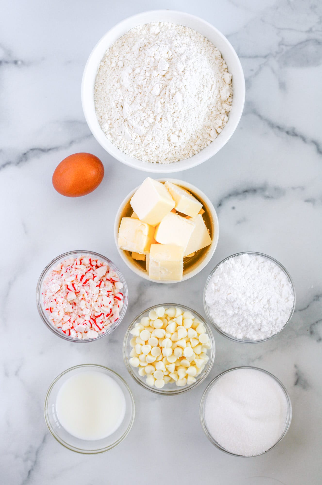 Overhead shot of ingredients needed to make white chocolate peppermint cookies