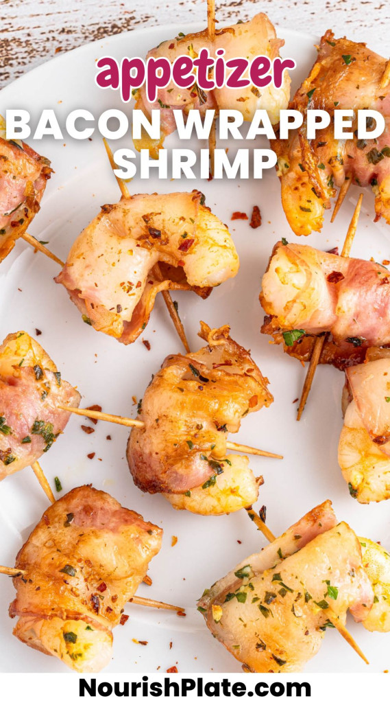 Overhead shot of bacon wrapped shrimp on a white plate. And overlay text that says "appetizer bacon wrapped shrimp"