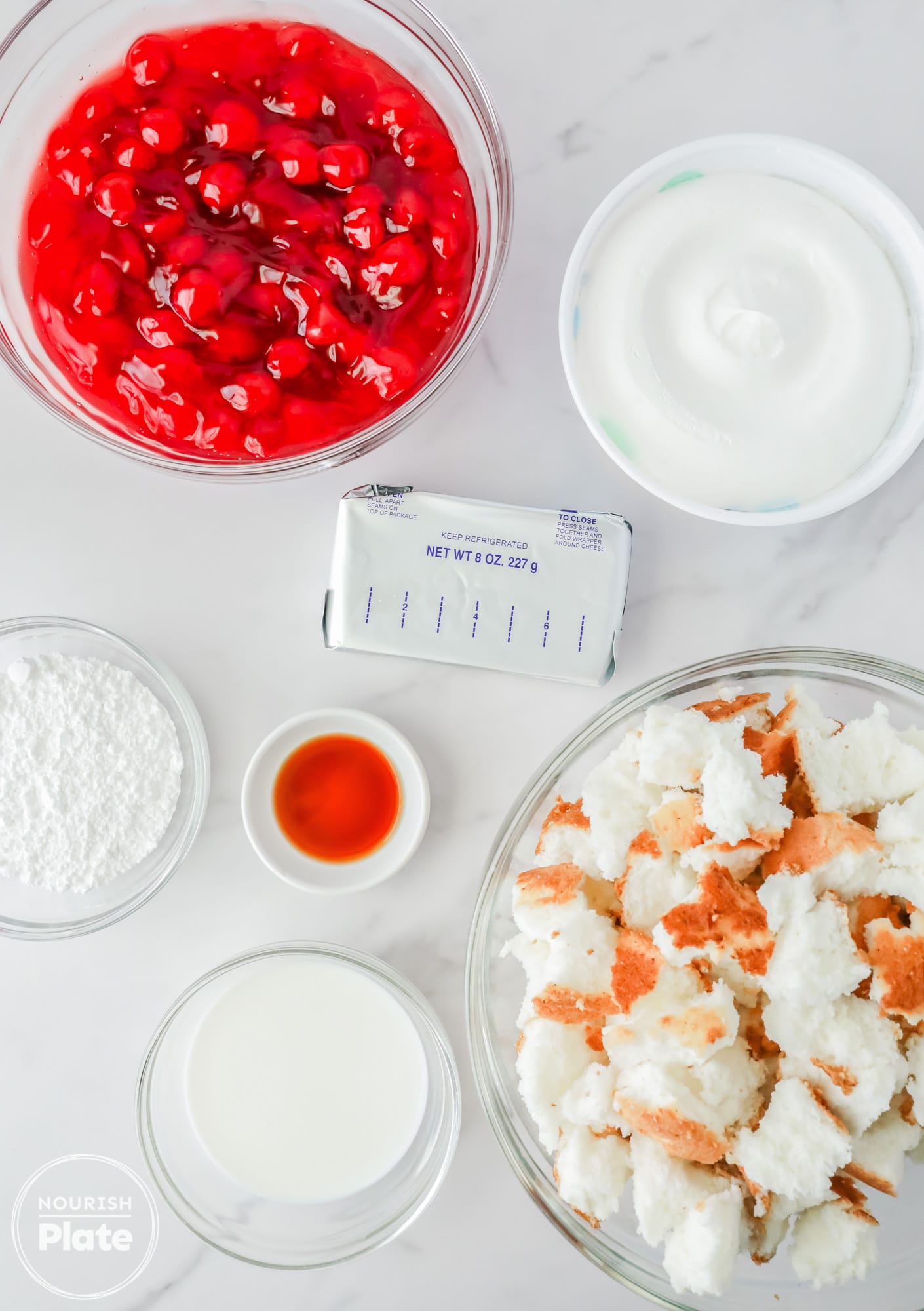 Ingredients needed to make Cherries in the Snow dessert