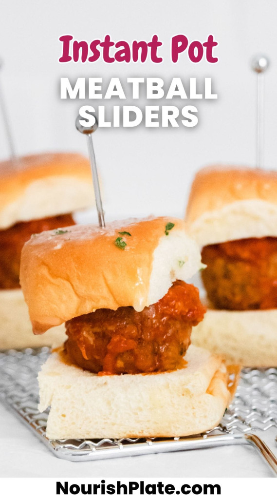 Meatball sliders on a white background, with overlay text that says "instant pot meatball sliders"