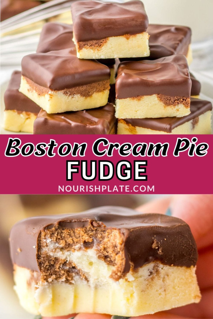 2 images of Stacked boston cream pie fudge pieces stacked. And overlay text that says "boston cream pie fudge"