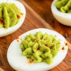 Close up shot of avocado deviled egg