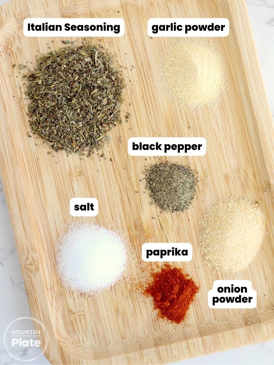 Ingredients needed to make a simple meatloaf seasoning, with overlay text