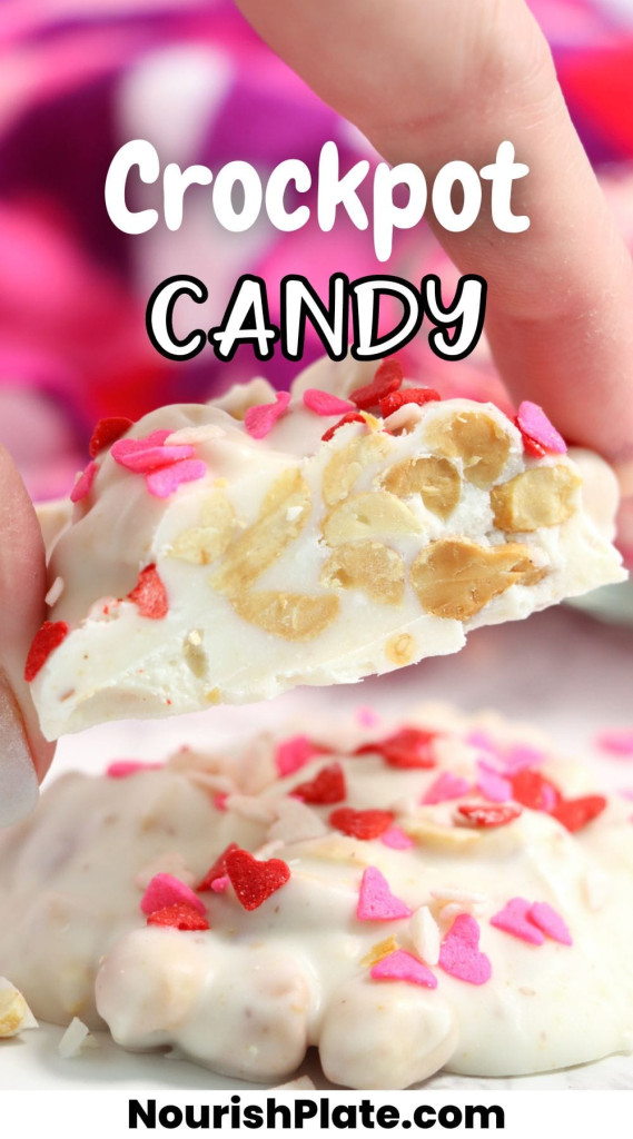 2 pieces of white chocolate crockpot candy stacked, topped with valentine's day candy. And overlay text that says "crockpot candy"