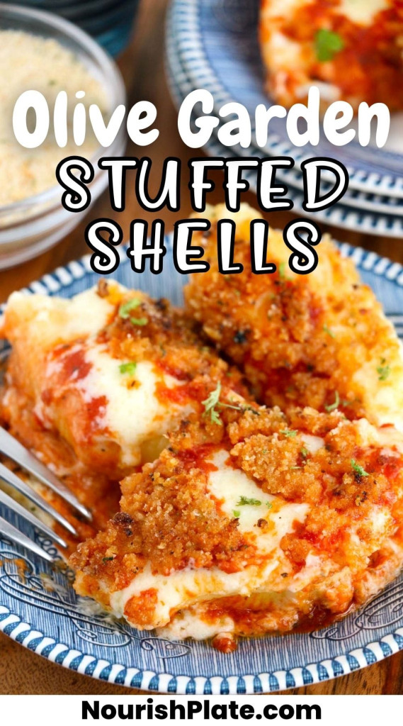Olive garden style stuffed shells served on blue plates, and a fork on the side. And overlay text that says "olive garden stuffed shells"