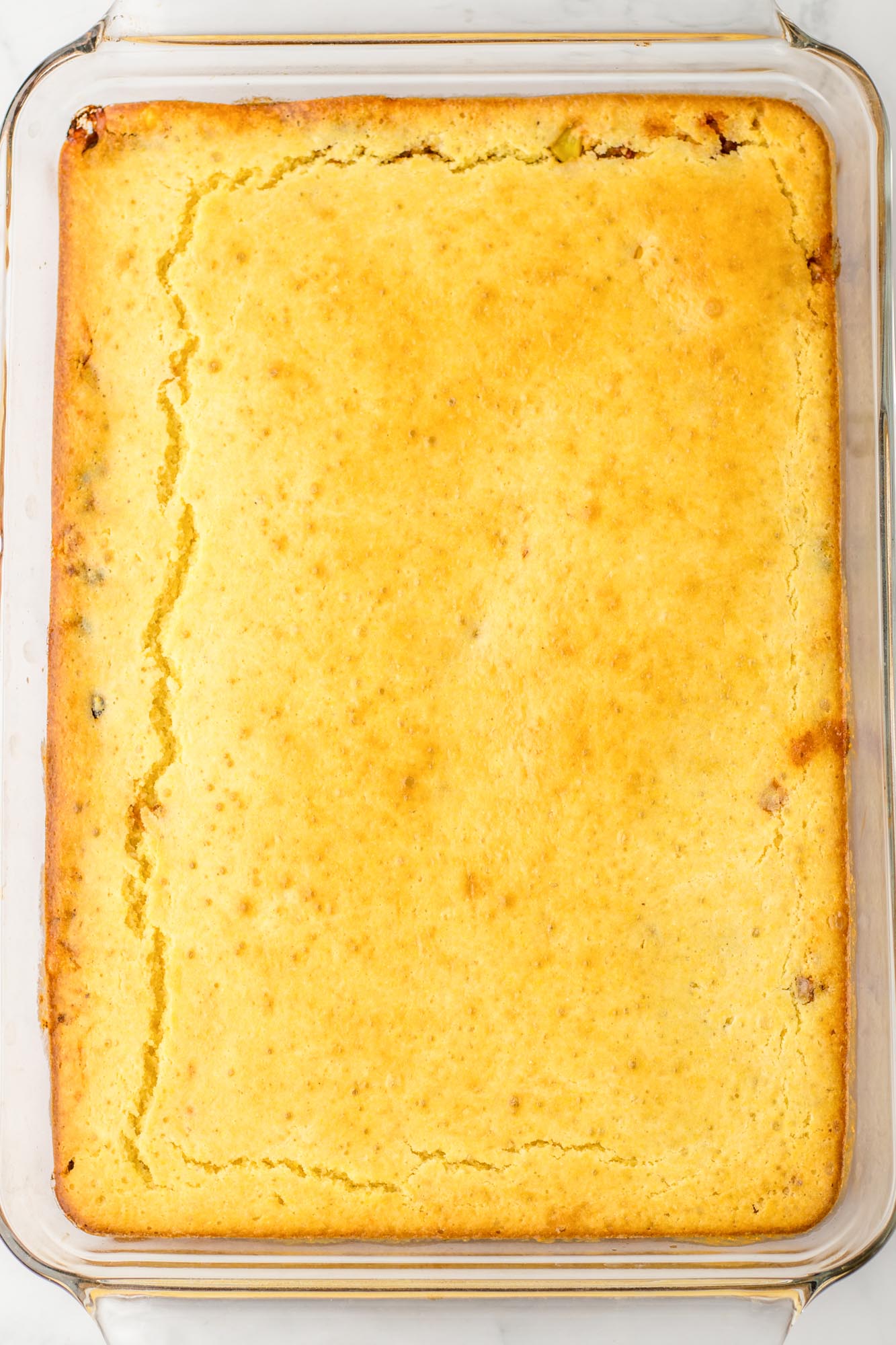 Baked cornbread casserole, overhead shot