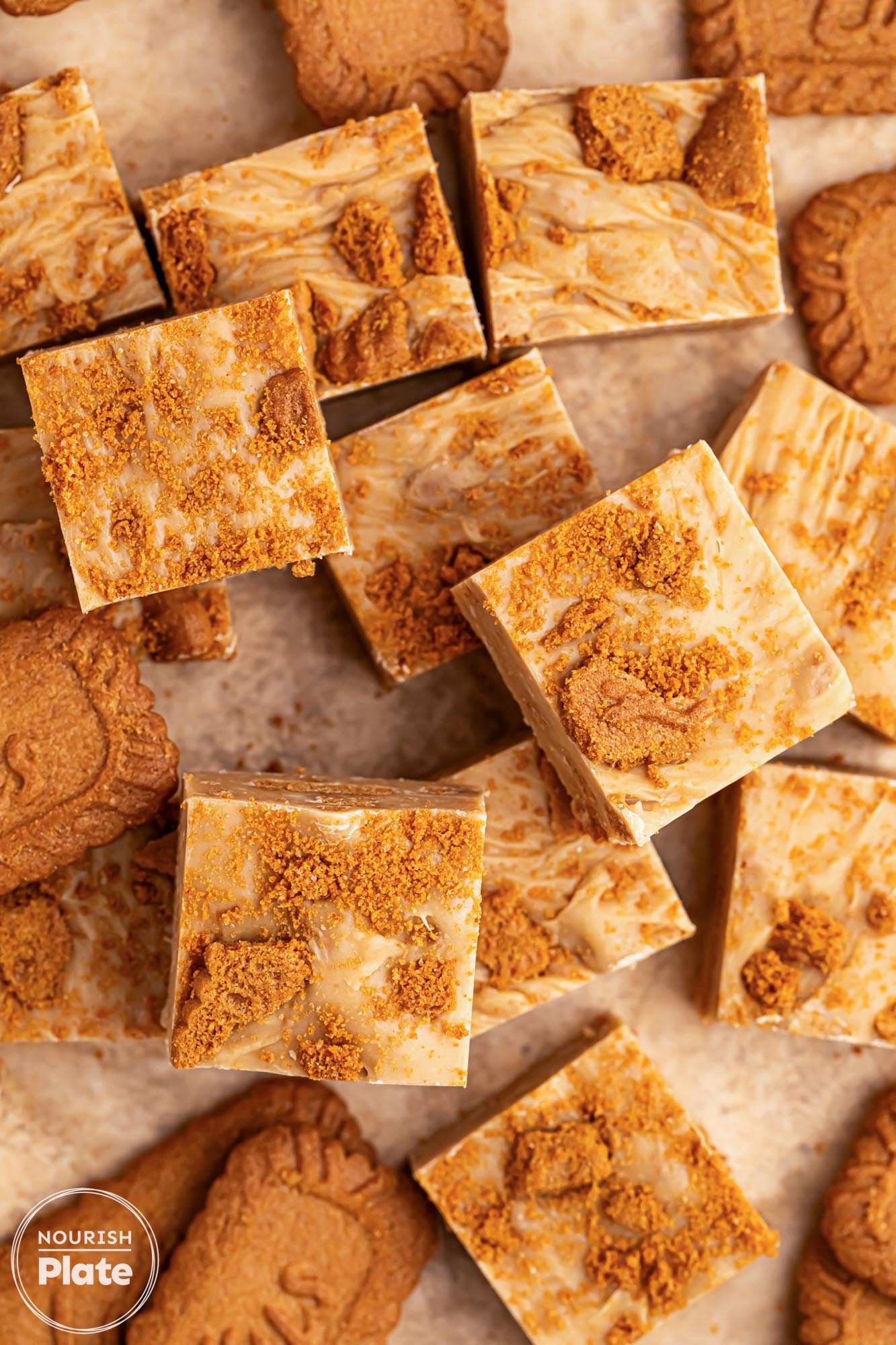 Overhead photo of cookie butter fudge squares topped with crushed Biscoff cookies, arranged neatly with whole Biscoff cookies on a light background.