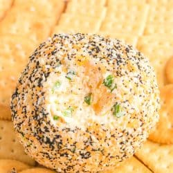 A round Everything Bagel Cheese Ball coated with sesame seeds, poppy seeds, garlic, and onion seasoning, with a creamy cheese and scallion filling visible in the center, surrounded by buttery Ritz and Club crackers for serving.