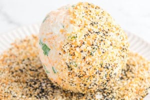 A freshly shaped cheese ball showing specks of cheddar and chopped scallions before being coated in seasoning.