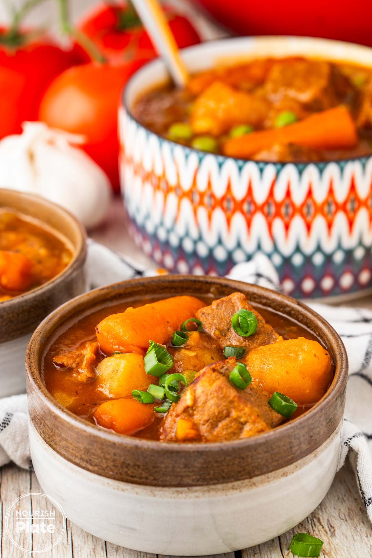 Bowl of Instant Pot beef stew with tender beef, carrots, potatoes, peas, and rich tomato gravy.